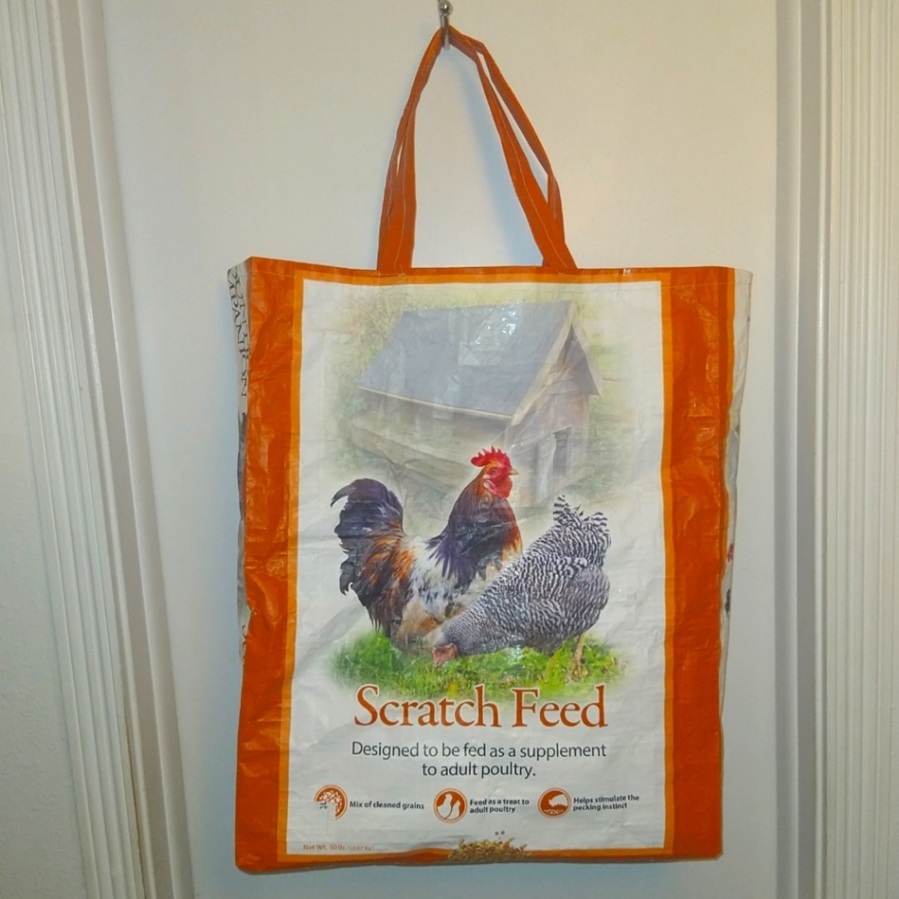 Rooster chicken feed bag repurposed shopping bag - go green